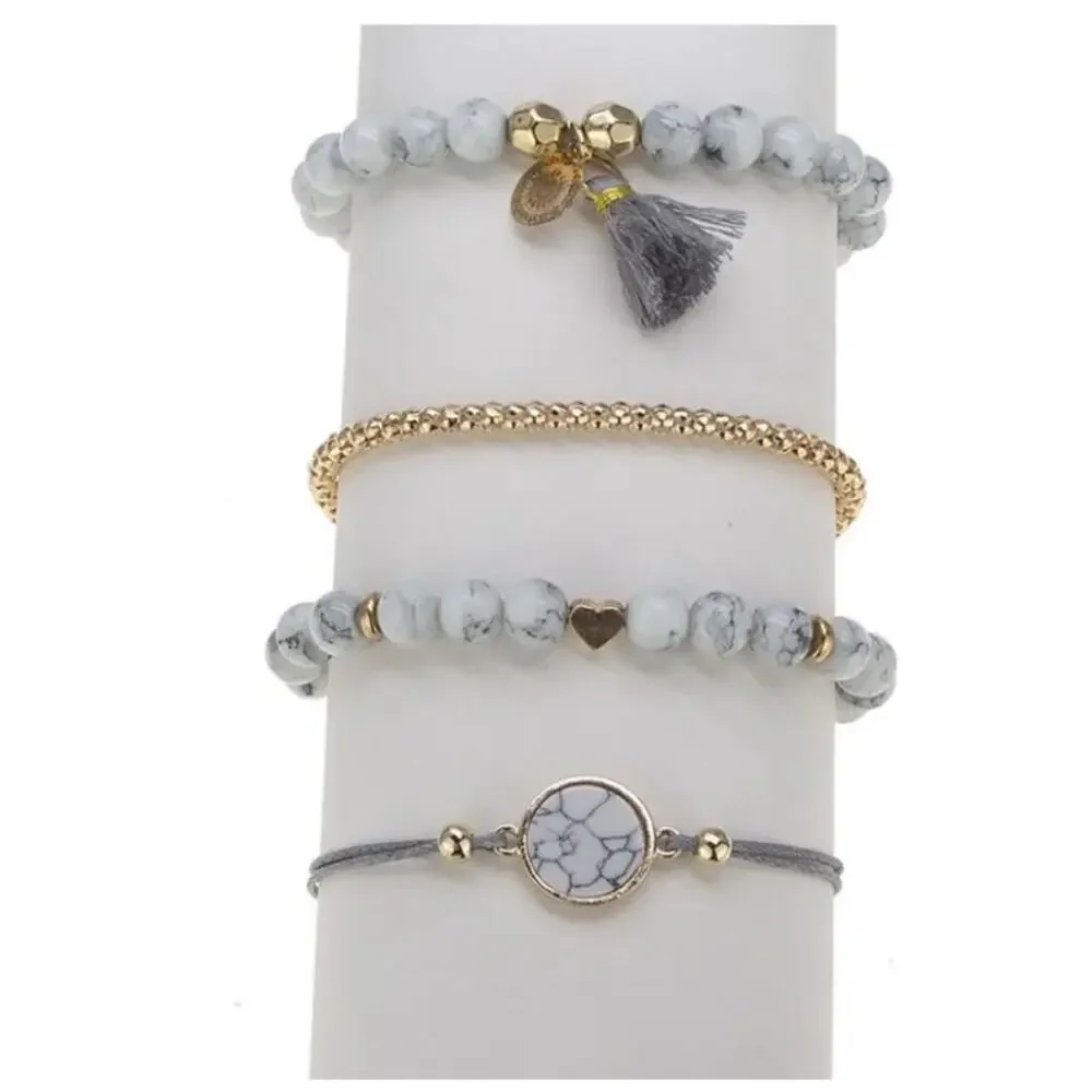 Bohemian Vacation Bracelet Set ~ 4 Pieces Tassel Heart Beaded Pastel Turquoise